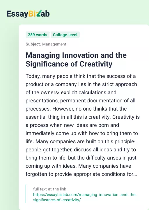 Managing Innovation and the Significance of Creativity - Essay Preview