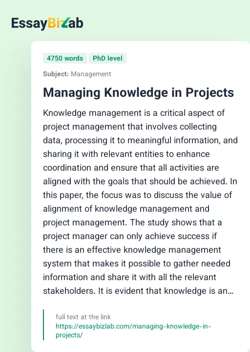 Managing Knowledge in Projects - Essay Preview
