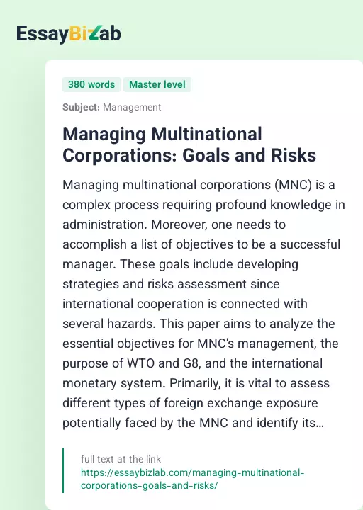 Managing Multinational Corporations: Goals and Risks - Essay Preview