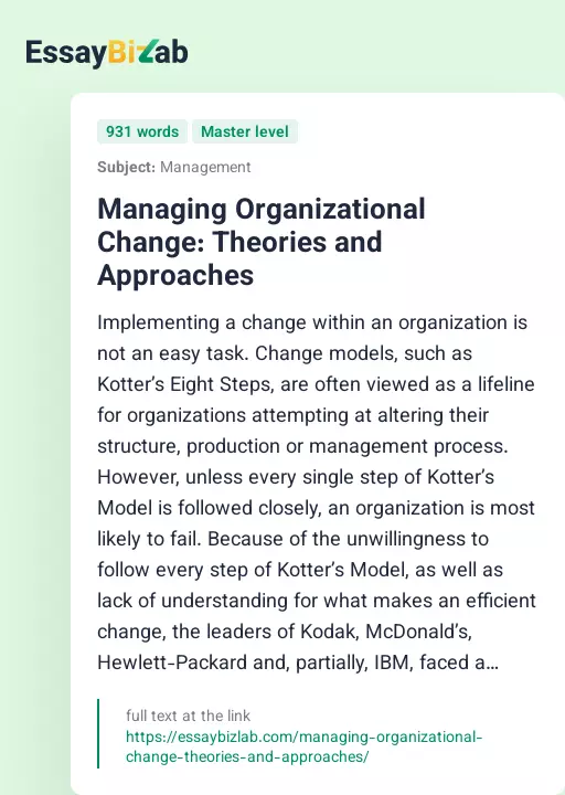 Managing Organizational Change: Theories and Approaches - Essay Preview