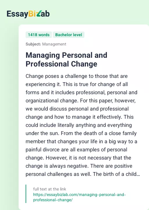 Managing Personal and Professional Change - Essay Preview