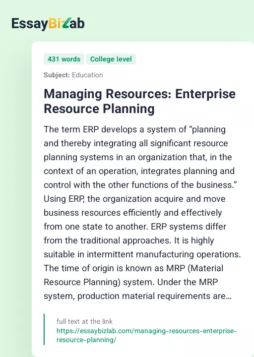 Managing Resources: Enterprise Resource Planning - Essay Preview