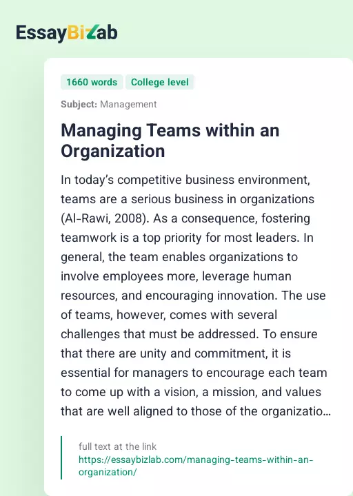 Managing Teams within an Organization - Essay Preview