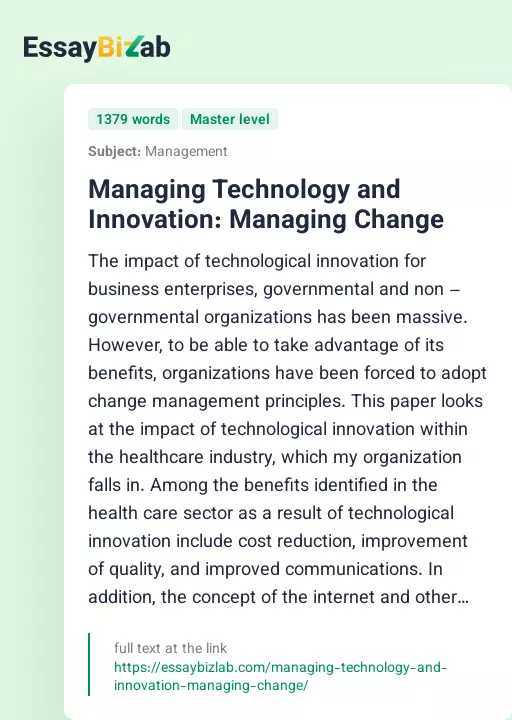 Managing Technology and Innovation: Managing Change - Essay Preview
