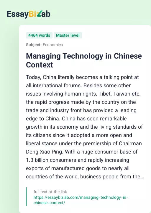 Managing Technology in Chinese Context - Essay Preview
