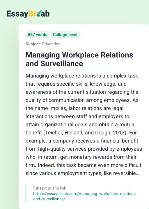 Managing Workplace Relations and Surveillance - Essay Preview