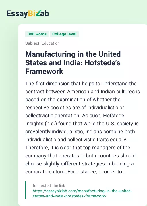 Manufacturing in the United States and India: Hofstede’s Framework - Essay Preview