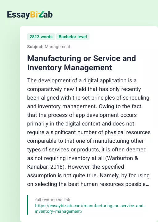 Manufacturing or Service and Inventory Management - Essay Preview