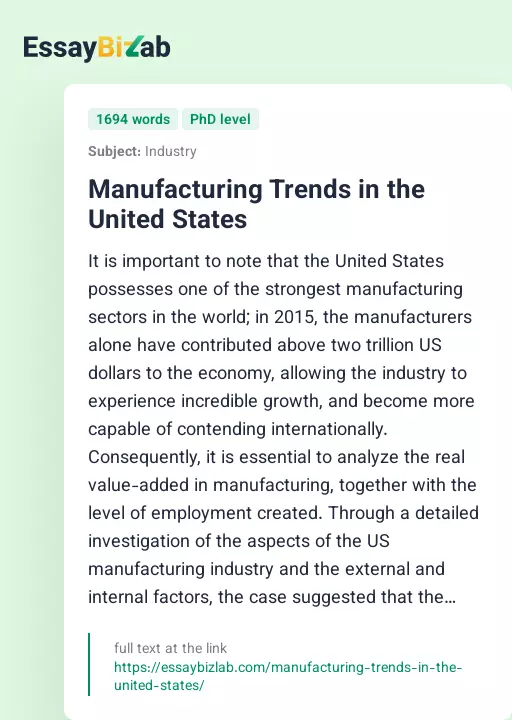 Manufacturing Trends in the United States - Essay Preview