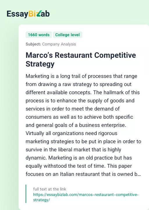 Marco’s Restaurant Competitive Strategy - Essay Preview