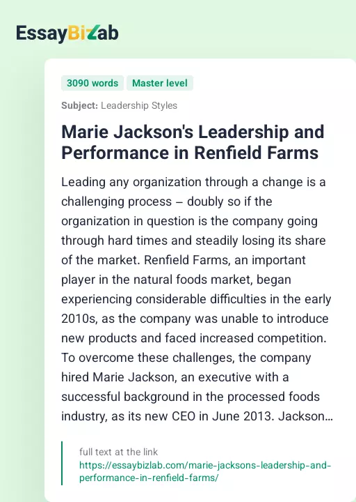 Marie Jackson's Leadership and Performance in Renfield Farms - Essay Preview