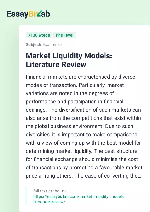 Market Liquidity Models: Literature Review - Essay Preview