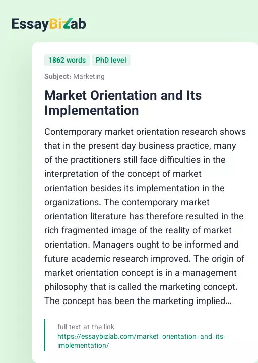 Market Orientation and Its Implementation - Essay Preview
