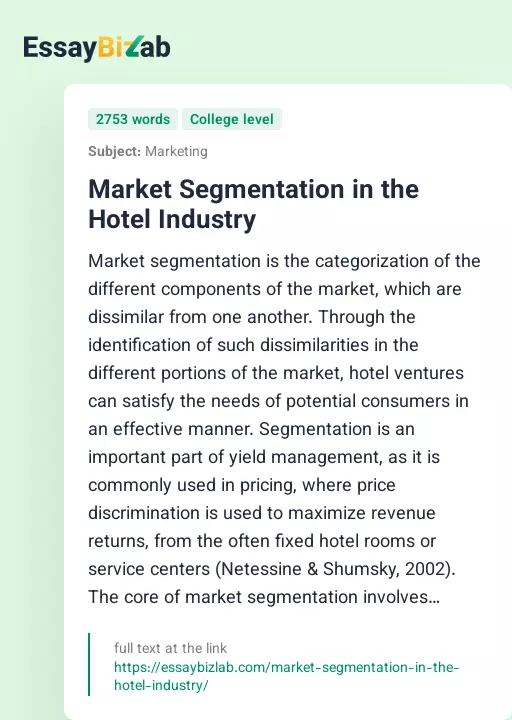 Market Segmentation in the Hotel Industry - Essay Preview