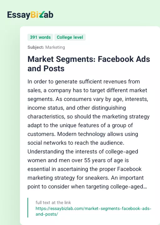 Market Segments: Facebook Ads and Posts - Essay Preview