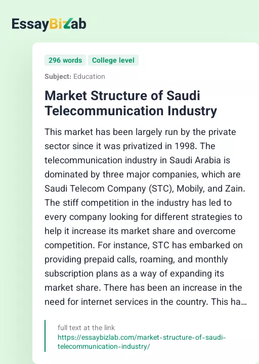 Market Structure of Saudi Telecommunication Industry - Essay Preview