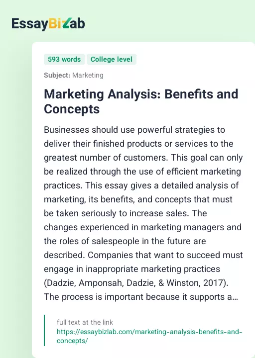 Marketing Analysis: Benefits and Concepts - Essay Preview