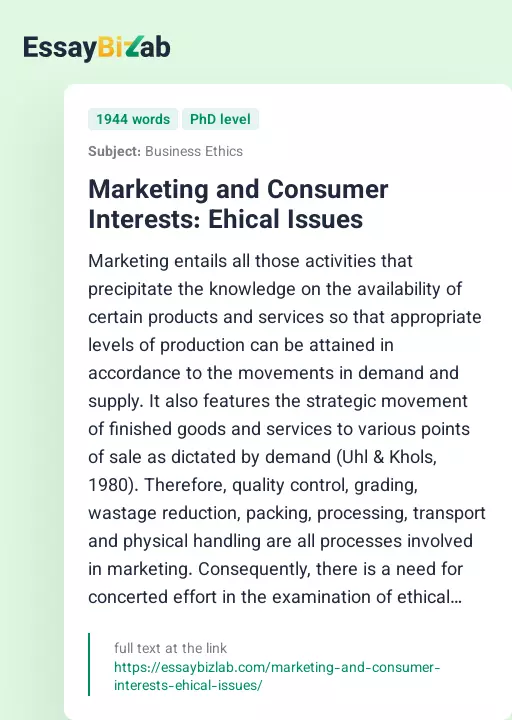 Marketing and Consumer Interests: Ehical Issues - Essay Preview