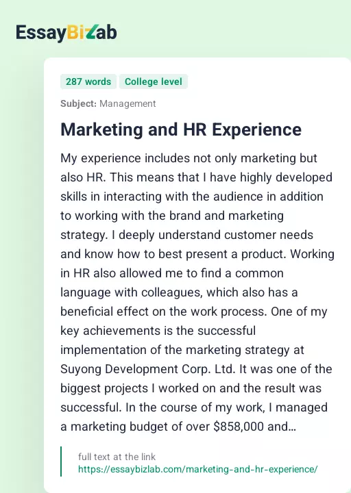Marketing and HR Experience - Essay Preview