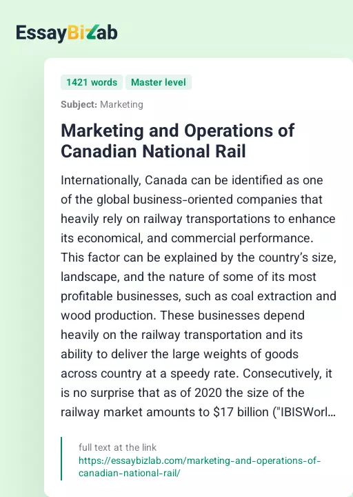 Marketing and Operations of Canadian National Rail - Essay Preview