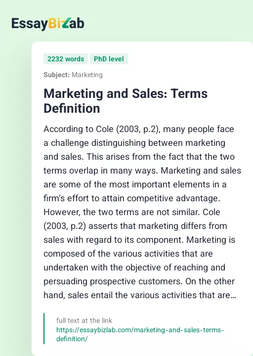 Marketing and Sales: Terms Definition - Essay Preview