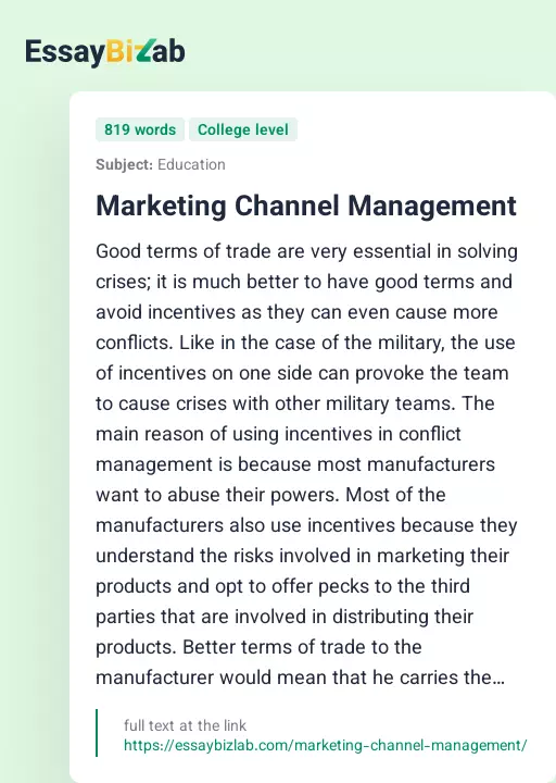 Marketing Channel Management - Essay Preview
