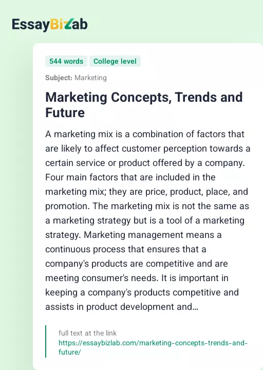 Marketing Concepts, Trends and Future - Essay Preview