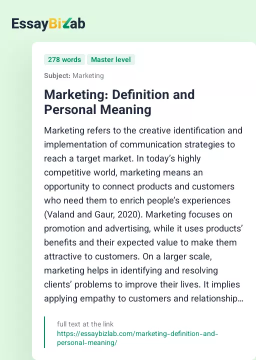 Marketing: Definition and Personal Meaning - Essay Preview