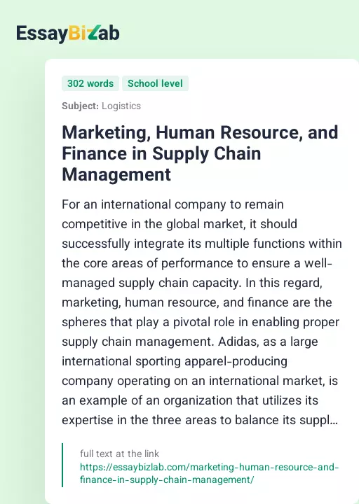 Marketing, Human Resource, and Finance in Supply Chain Management - Essay Preview