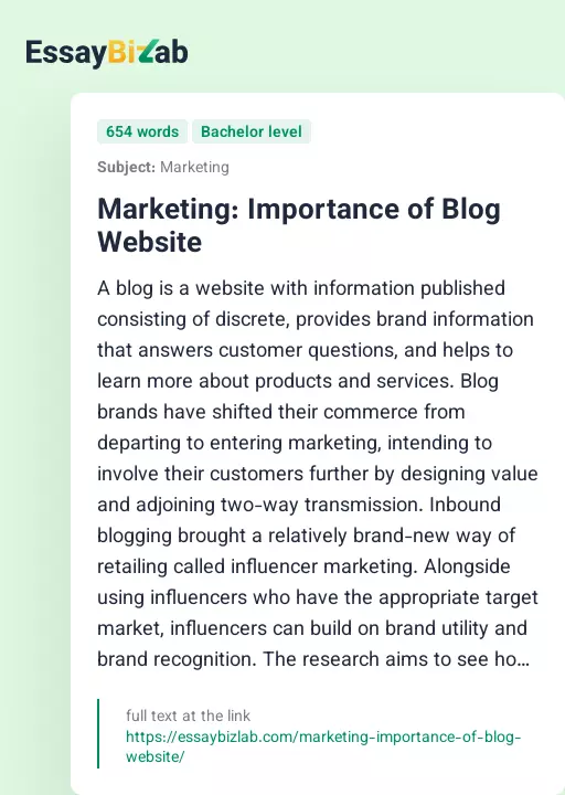 Marketing: Importance of Blog Website - Essay Preview