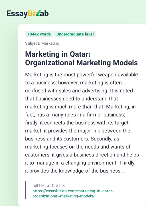Marketing in Qatar: Organizational Marketing Models - Essay Preview