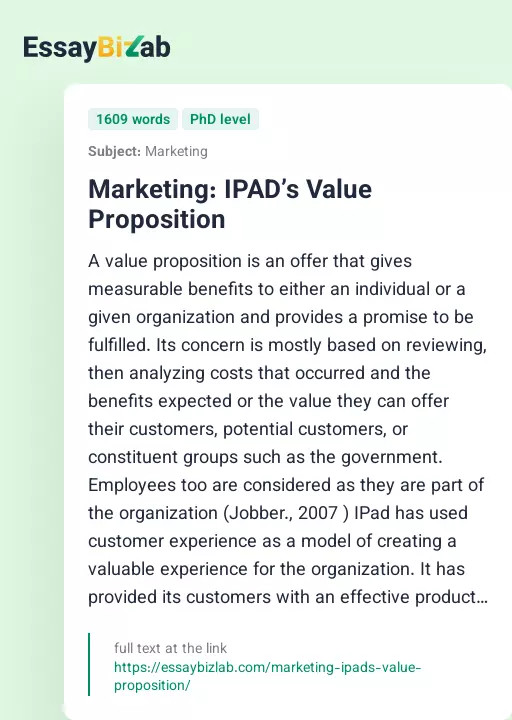 Marketing: IPAD’s Value Proposition - Essay Preview