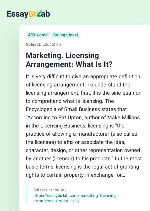 Marketing. Licensing Arrangement: What Is It? - Essay Preview