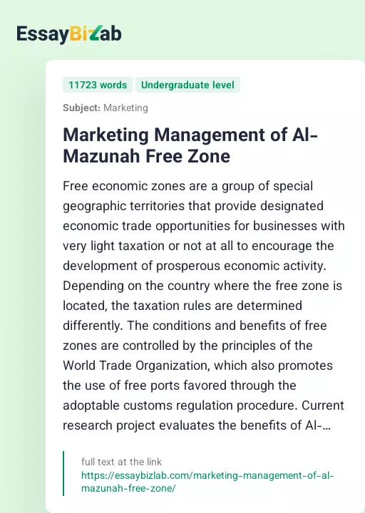 Marketing Management of Al-Mazunah Free Zone - Essay Preview