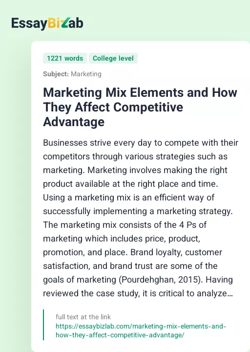 Marketing Mix Elements and How They Affect Competitive Advantage - Essay Preview
