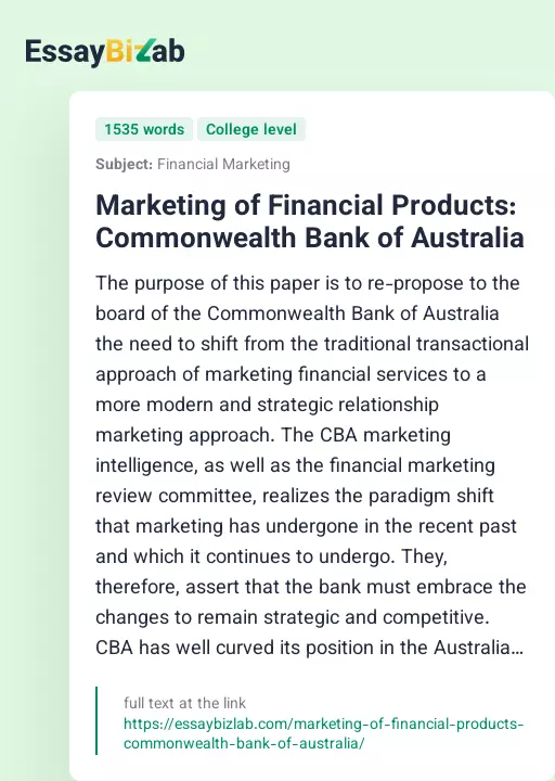 Marketing of Financial Products: Commonwealth Bank of Australia - Essay Preview