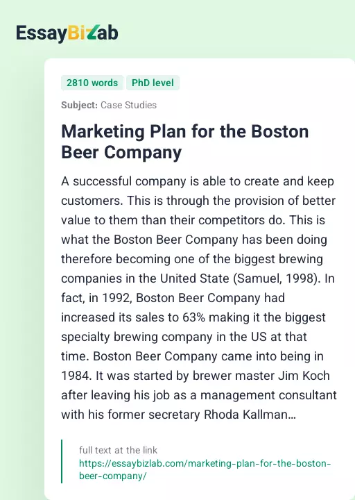 Marketing Plan for the Boston Beer Company - Essay Preview
