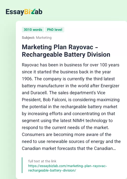 Marketing Plan Rayovac - Rechargeable Battery Division - Essay Preview