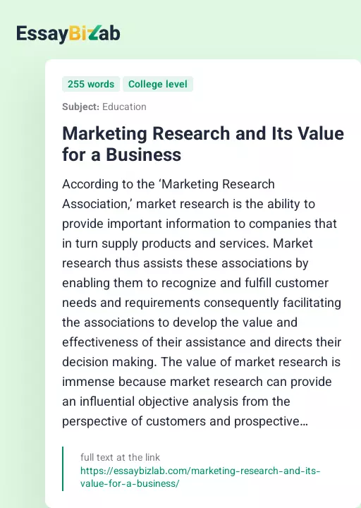 Marketing Research and Its Value for a Business - Essay Preview