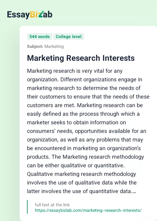 Marketing Research Interests - Essay Preview