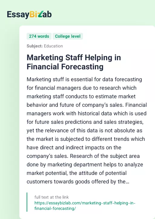 Marketing Staff Helping in Financial Forecasting - Essay Preview