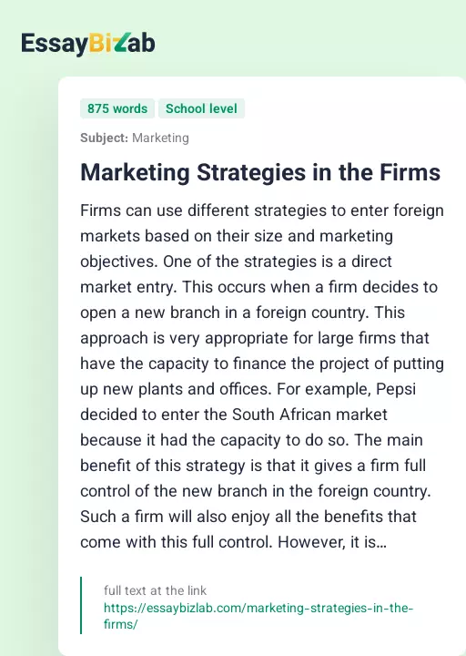 Marketing Strategies in the Firms - Essay Preview