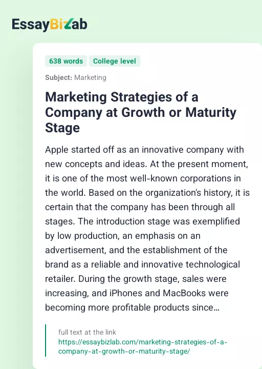 Marketing Strategies of a Company at Growth or Maturity Stage - Essay Preview