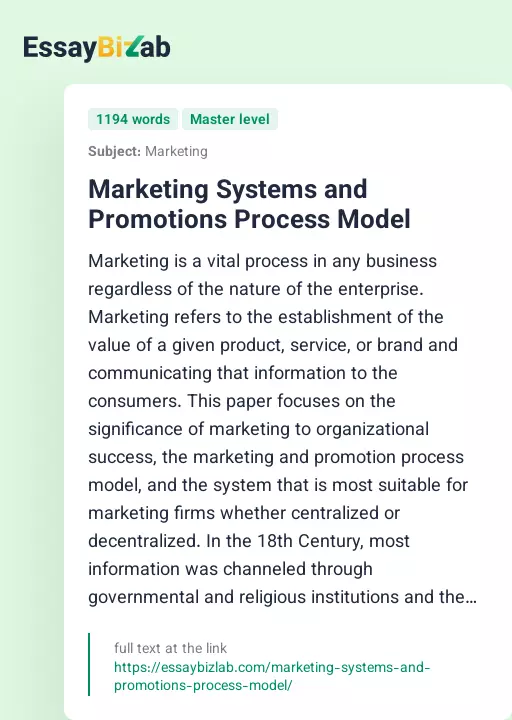 Marketing Systems and Promotions Process Model - Essay Preview