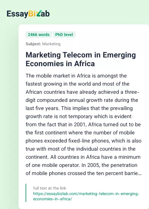 Marketing Telecom in Emerging Economies in Africa - Essay Preview