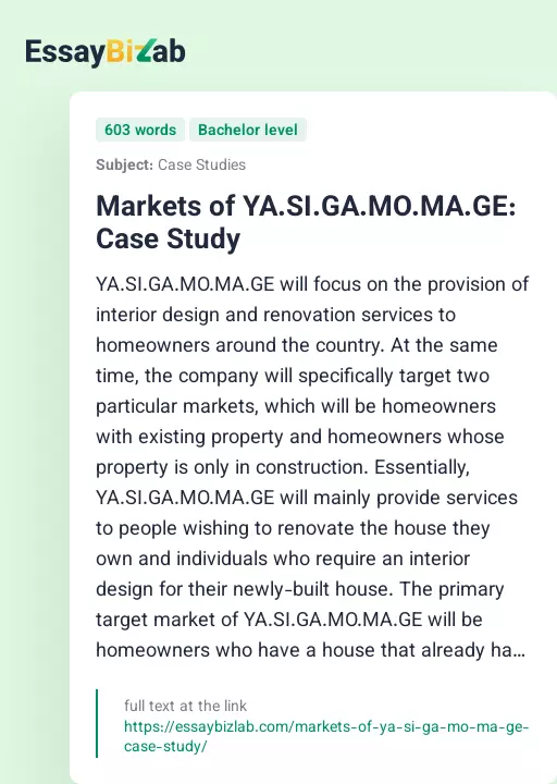 Markets of YA.SI.GA.MO.MA.GE: Case Study - Essay Preview