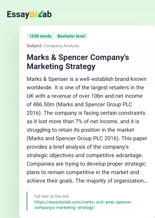 Marks & Spencer Company's Marketing Strategy - Essay Preview