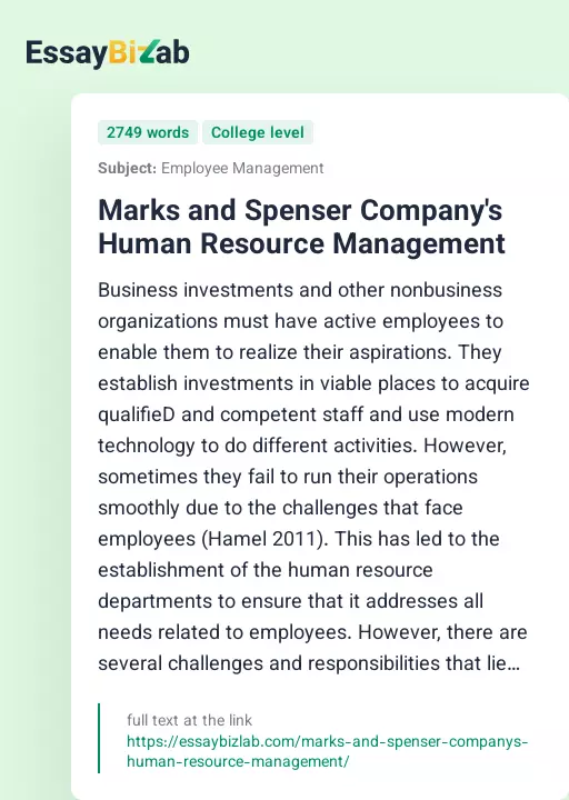 Marks and Spenser Company's Human Resource Management - Essay Preview