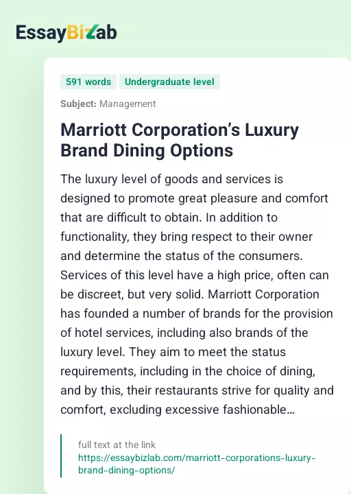 Marriott Corporation’s Luxury Brand Dining Options - Essay Preview