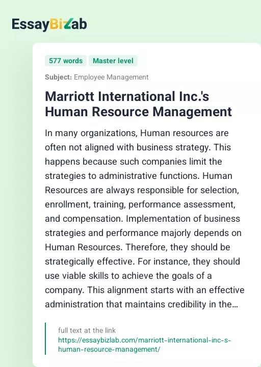 Marriott International Inc.'s Human Resource Management - Essay Preview